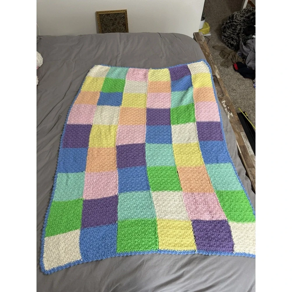 Handmade Vintage Crochet Blanket Easter Pastels Afghan Throw 39